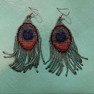 Beaded Peacock Feather Earrings